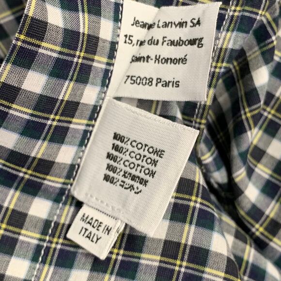 LANVIN Size M Navy Green White Plaid Cotton Contrast Collar Long Sleeve Shirt - Picture 6 of 6